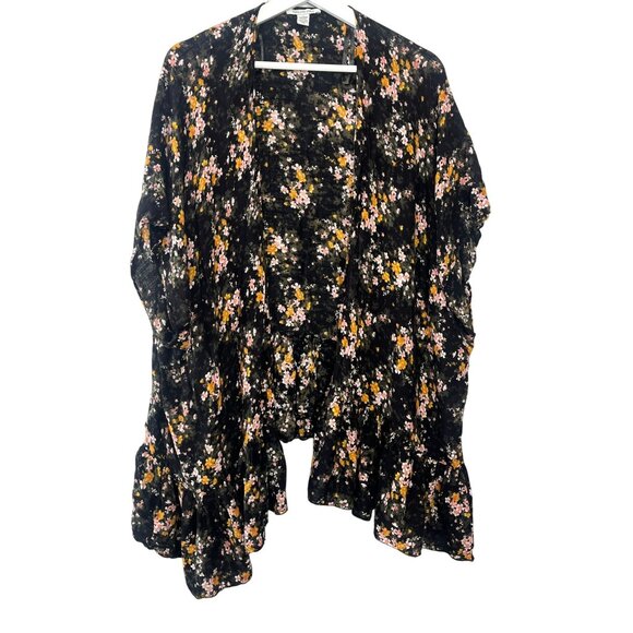 American Eagle Boho Floral Ruffle Kimono Cardigan One Size Black Pink - Picture 1 of 16